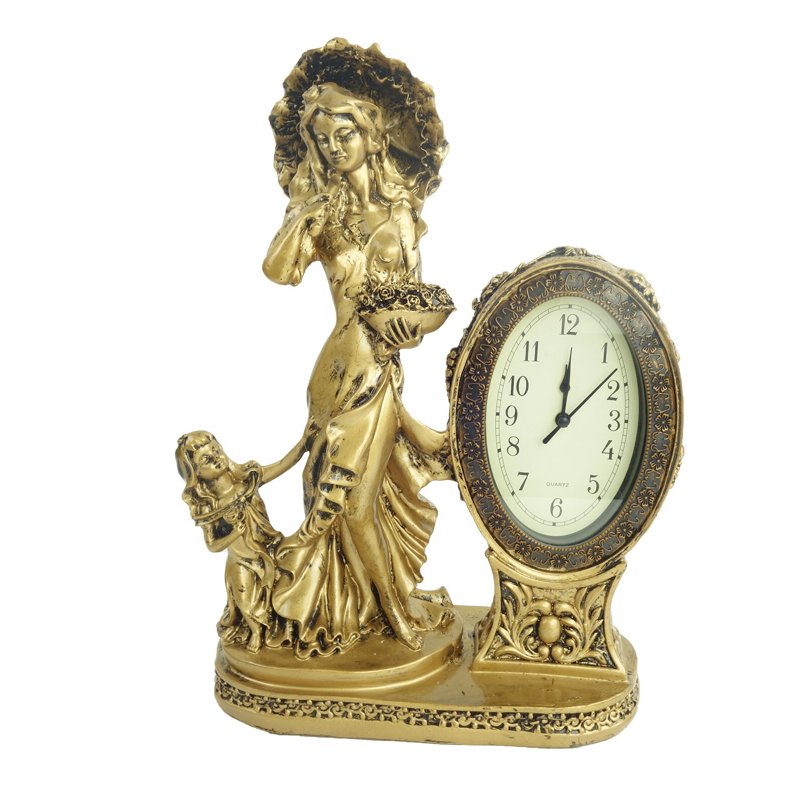 Decoratiune din rasina cu ceas, model femeie, auriu, 40 cm